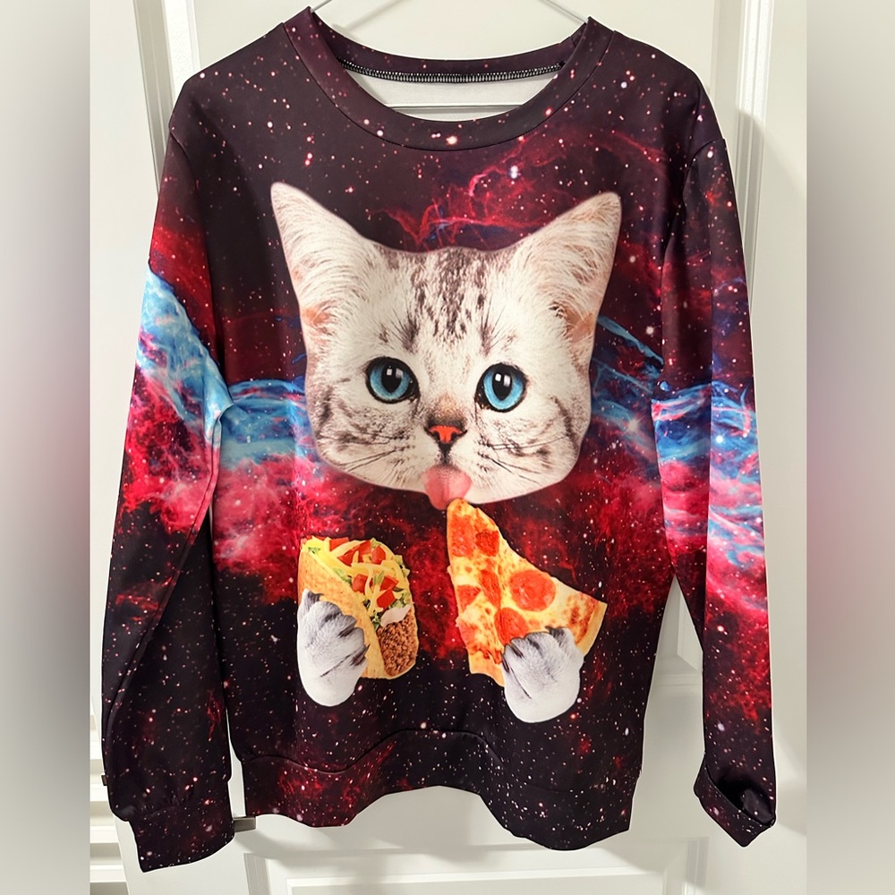Galaxy Cat Sweatshirt with Pizza and Taco Design
